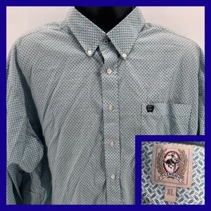 CINCH Mens Long Sleeve Geometric Pattern Button Up Shirt XL Teal White